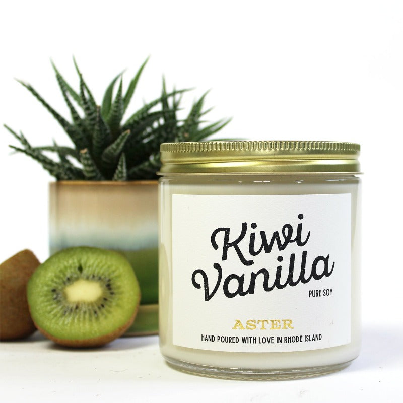 Large Kiwi Vanilla scented soy candle pictured with sliced kiwis and succulent. 